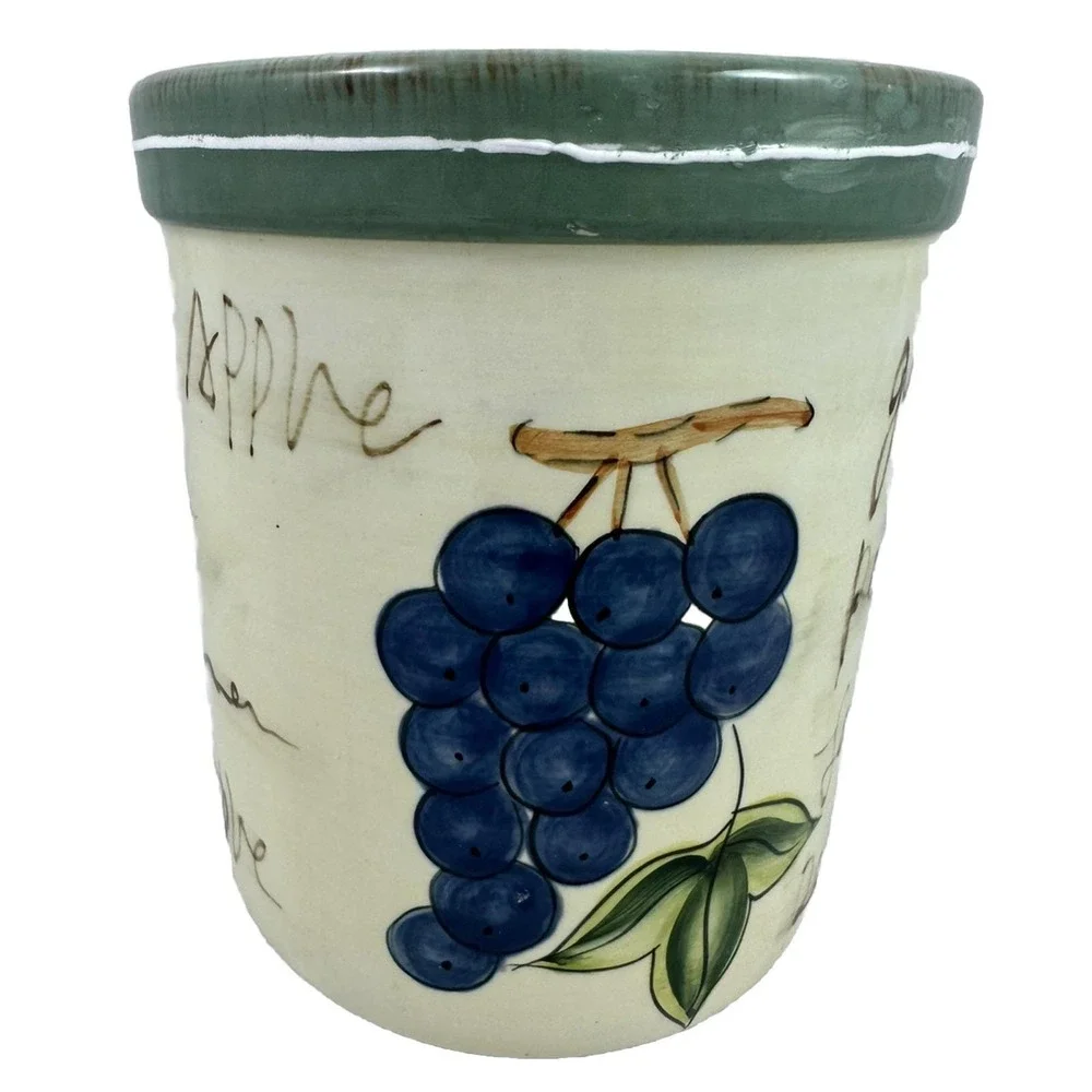 Style-Eyes By Baum Bros Utensil Crock Grape Writing  Ivory Blue Green Word Art